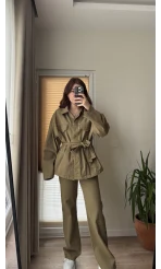 Gabardin Kuşaklı Ceket Takım - Haki