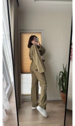 Gabardin Kuşaklı Ceket Takım - Haki