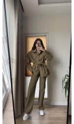 Gabardin Kuşaklı Ceket Takım - Haki
