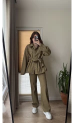 Gabardin Kuşaklı Ceket Takım - Haki