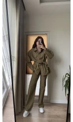 Gabardin Kuşaklı Ceket Takım - Haki