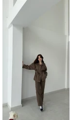 Gabardin Kuşaklı Ceket Takım - Kahve