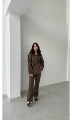 Gabardin Kuşaklı Ceket Takım - Kahve