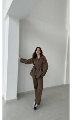 Gabardin Kuşaklı Ceket Takım - Kahve