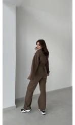 Gabardin Kuşaklı Ceket Takım - Kahve