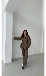 Gabardin Kuşaklı Ceket Takım - Kahve