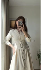 Gabardin Kuşaklı Prenses Elbise Krem