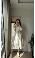 Gabardin Kuşaklı Prenses Elbise Krem