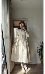 Gabardin Kuşaklı Prenses Elbise Krem