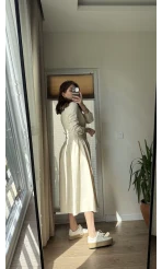 Gabardin Kuşaklı Prenses Elbise Krem