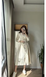 Gabardin Kuşaklı Prenses Elbise Krem