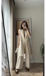 Gabardin Uzun Kuşaklı Yelek