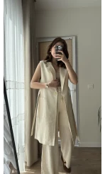 Gabardin Uzun Kuşaklı Yelek