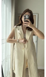 Gabardin Uzun Kuşaklı Yelek