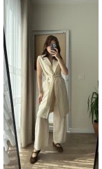 Gabardin Uzun Kuşaklı Yelek