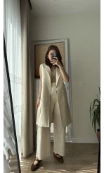 Gabardin Uzun Kuşaklı Yelek