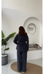 Gabriela Kuşaklı Gömlek Pantolon Takım - Lacivert