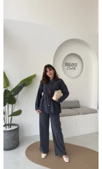 Gabriela Kuşaklı Gömlek Pantolon Takım - Lacivert