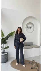 Gabriela Kuşaklı Gömlek Pantolon Takım - Lacivert