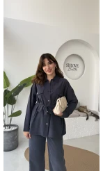 Gabriela Kuşaklı Gömlek Pantolon Takım - Lacivert