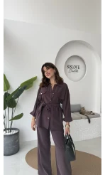 Gabriela Kuşaklı Gömlek Pantolon Takım - Mürdüm
