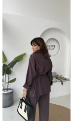 Gabriela Kuşaklı Gömlek Pantolon Takım - Mürdüm