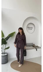 Gabriela Kuşaklı Gömlek Pantolon Takım - Mürdüm