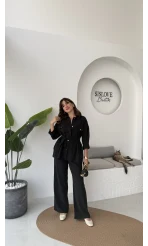Gabriela Kuşaklı Gömlek Pantolon Takım - Siyah
