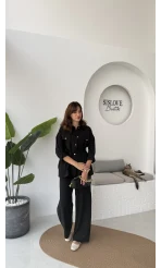 Gabriela Kuşaklı Gömlek Pantolon Takım - Siyah