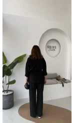 Gabriela Kuşaklı Gömlek Pantolon Takım - Siyah