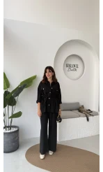 Gabriela Kuşaklı Gömlek Pantolon Takım - Siyah