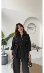 Gabriela Kuşaklı Gömlek Pantolon Takım - Siyah