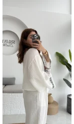 Geniş Kol Nakışlı Bağlamalı Kimono - Kırık Beyaz - 7014