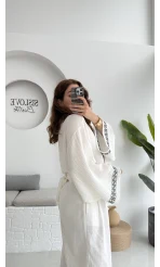 Geniş Kol Nakışlı Bağlamalı Kimono - Kırık Beyaz - 7014