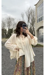 Georgia Bağlama Detaylı Dökümlü Gömlek - Ekru - Kod: 4988