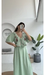 Georgia Nakışlı Müslin Etekli Takım - Mint - 8016