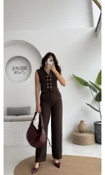 Geraldine Düğmeli Yelek Pantolon Takım - Acı Kahve - Kod: 8777