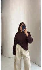 Glamour Vatkalı Basıc Bluz - Kahverengi - Kod: 1124
