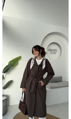 Gloria Fularlı Uzun Trençkot - Kahve - Kod: 7535