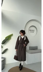 Gloria Fularlı Uzun Trençkot - Kahve - Kod: 7535