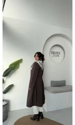 Gloria Fularlı Uzun Trençkot - Kahve - Kod: 7535