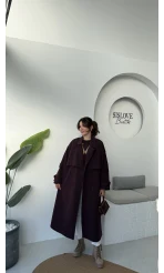 Gloria Fularlı Uzun Trençkot - Kahve - Kod: 7535