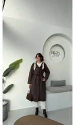 Gloria Fularlı Uzun Trençkot - Kahve - Kod: 7535