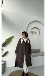 Gloria Fularlı Uzun Trençkot - Kahve - Kod: 7535