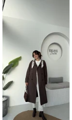 Gloria Fularlı Uzun Trençkot - Kahve - Kod: 7535