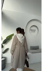 Gloria Fularlı Uzun Trençkot - Vizon - Kod: 7535