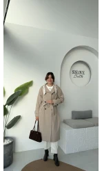 Gloria Fularlı Uzun Trençkot - Vizon - Kod: 7535