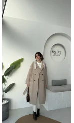 Gloria Fularlı Uzun Trençkot - Vizon - Kod: 7535