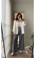 Gofre Kumaş Bağcıklı Palazzo Pantolon Antrasit