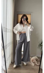 Gofre Kumaş Bağcıklı Palazzo Pantolon Antrasit